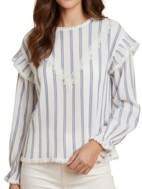 Striped Lace-Trim Long Sleeve Tee - White & Blue